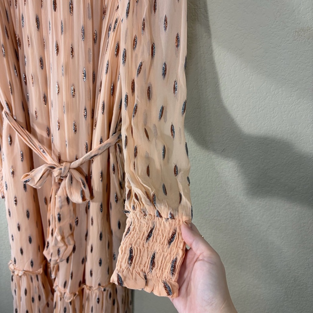 CIEBON Eryn Blush Metallic Print Tie Waist Long Sleeve Maxi Dress Sz S Cottage - Picture 6 of 12